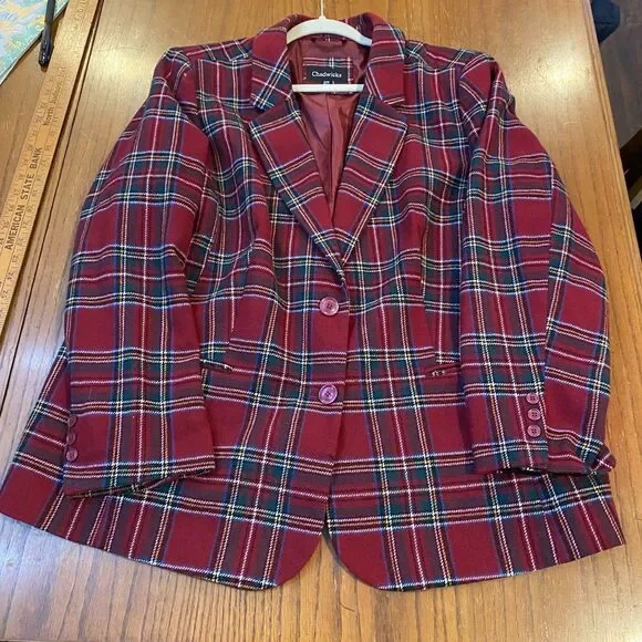 Preppy Chadwicks Wool Blend Red Tartan Plaid Blazer Retro Lined Button Front 22W - Picture 5 of 7